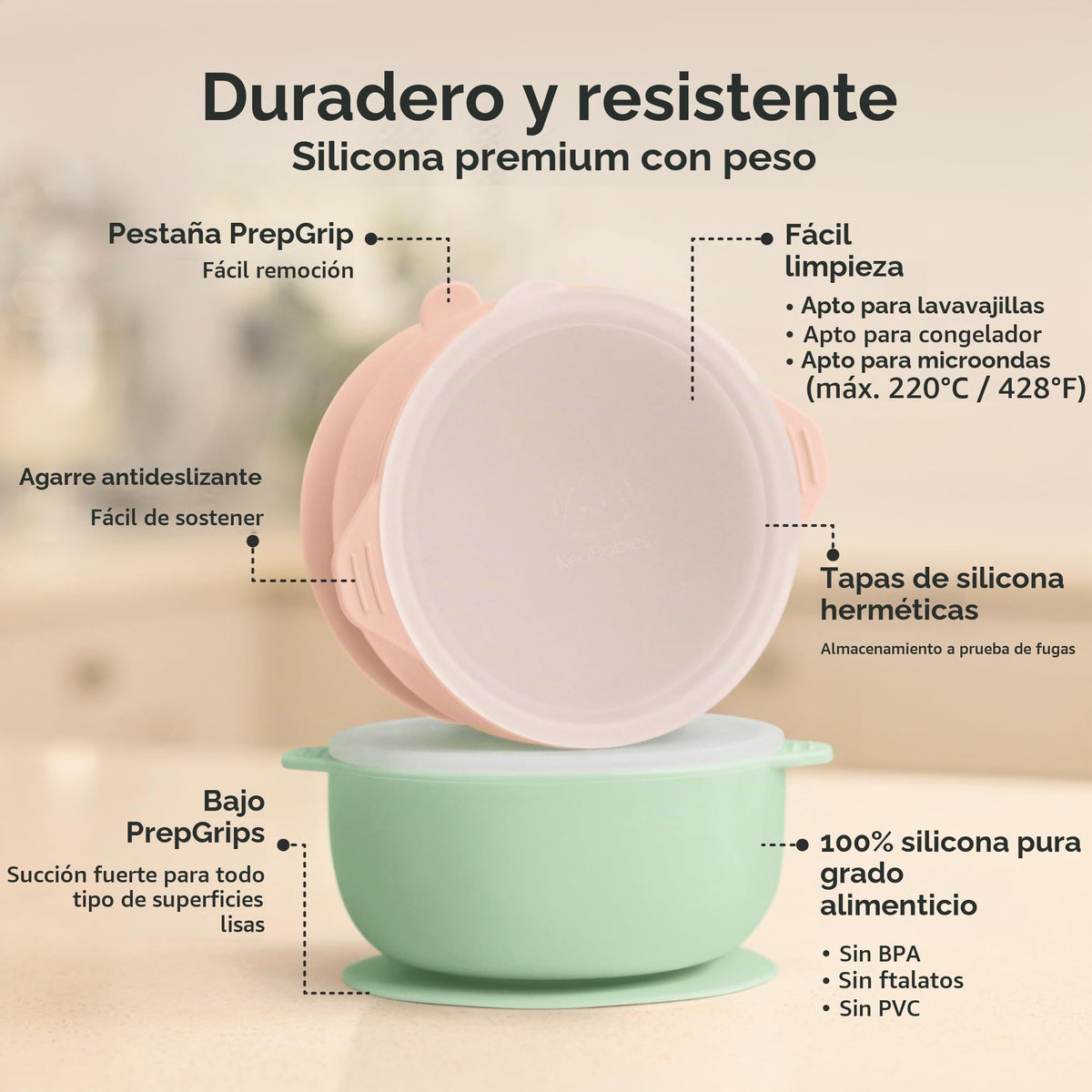 KeaBabies Juego de 2 Cuencos para Bebés con Succión, Tapas - Cuencos de Succión para Niños Pequeños de Silicona de Grado Alimenticio, Sin BPA, Apto para Lavavajillas, Esenciales para Comer para Niños