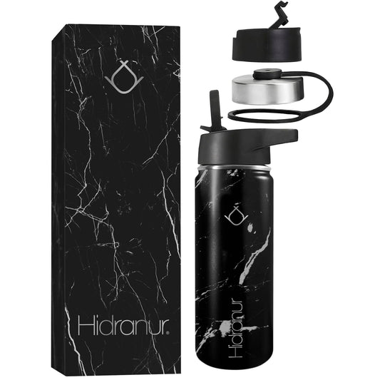 Hidranur Termo de Acero Inoxidable Doble Aislamiento Térmico, Termo Para Café 18 oz (532.32 ml), 3 Tapas Herméticas, 2 Popotes, 24 Hrs de Agua Caliente y Fría (Negro Mármol, 18 Oz (532.32 ml))