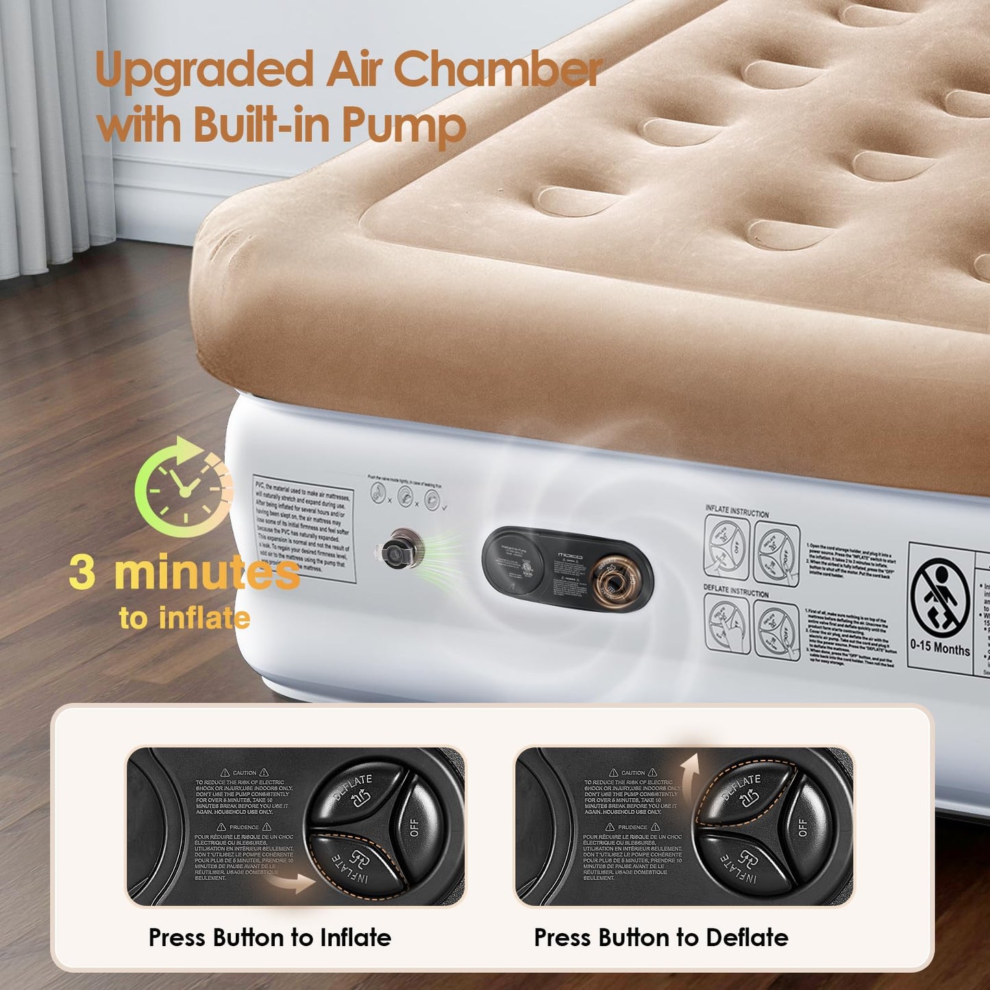 Colchón de Aire Queen con Bomba integrada, colchón Inflable de Lujo de 18 Pulgadas, colchón de soplado rápido de 3 Minutos con Doble cámara, Parte Superior cómoda, Cama de Aire Aterciopelada para el