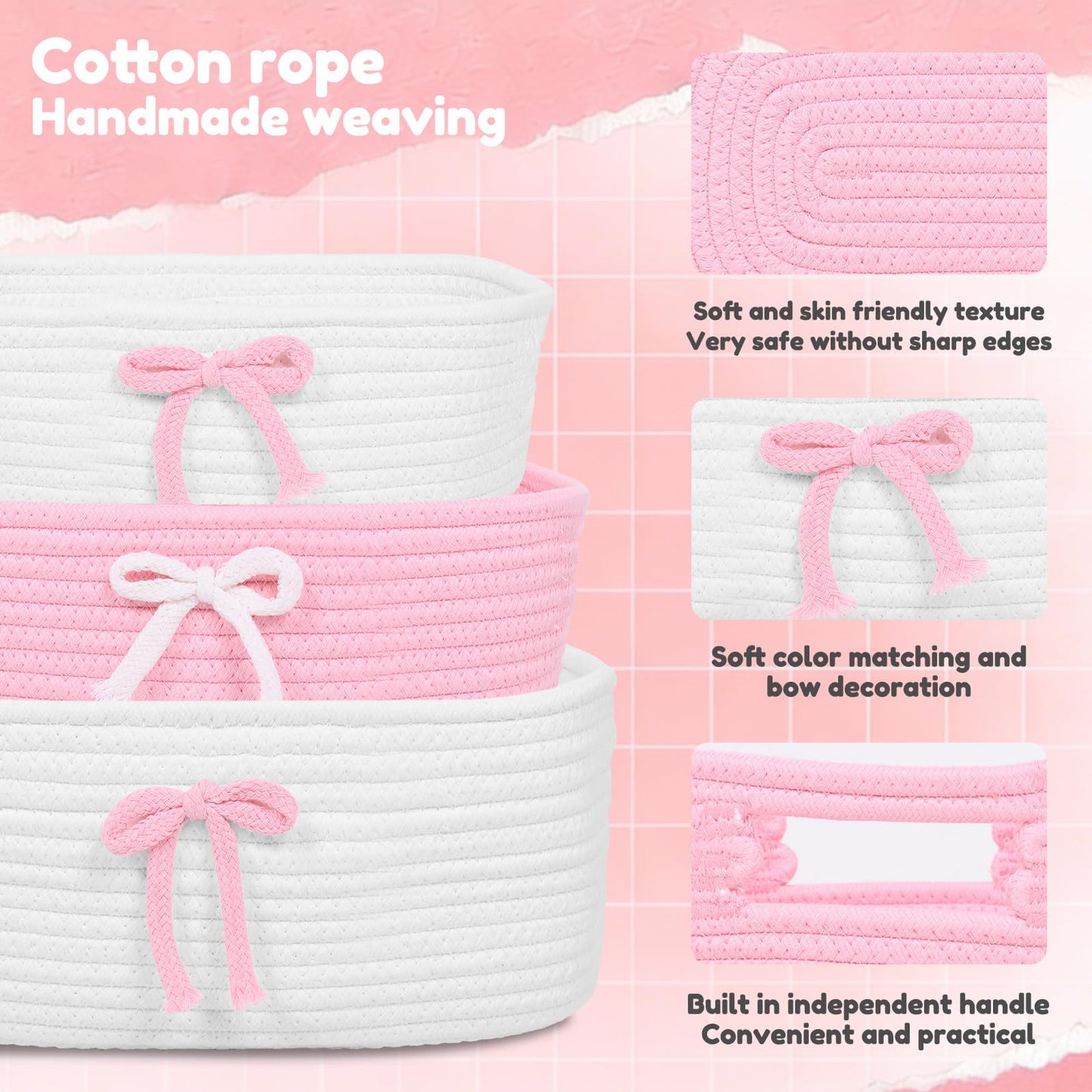 XYTZHSAI 3 cestas de lazo rosado, cestas de almacenamiento de cuerda de algodón tela coqueta con asas, bonita cinta decorativa para ropa de bebé, estante, maquillaje, pañales, organizador de anidación