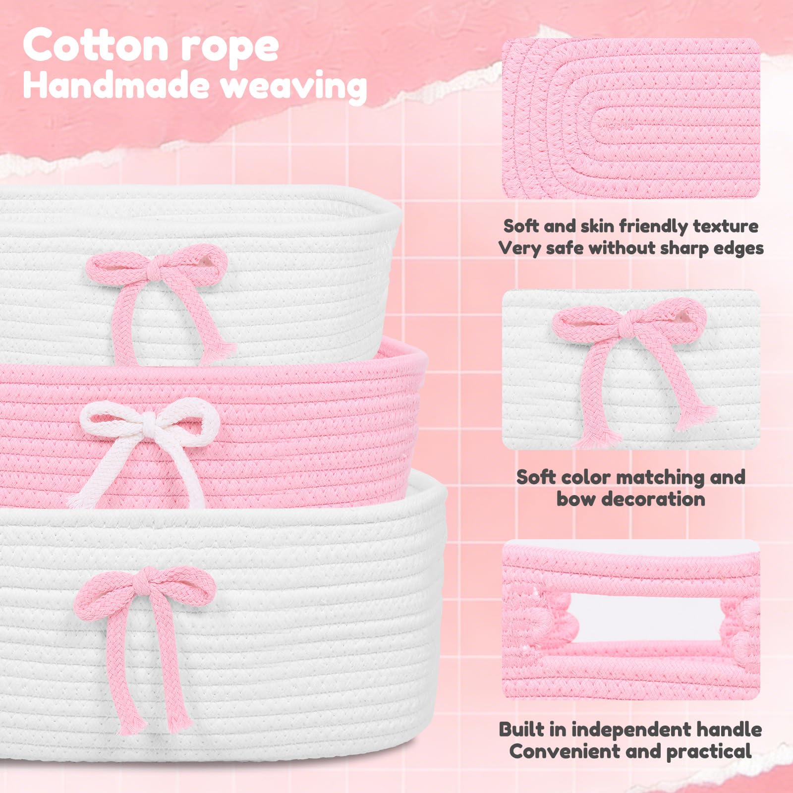 XYTZHSAI 3 cestas de lazo rosado, cestas de almacenamiento de cuerda de algodón tela coqueta con asas, bonita cinta decorativa para ropa de bebé, estante, maquillaje, pañales, organizador de anidación