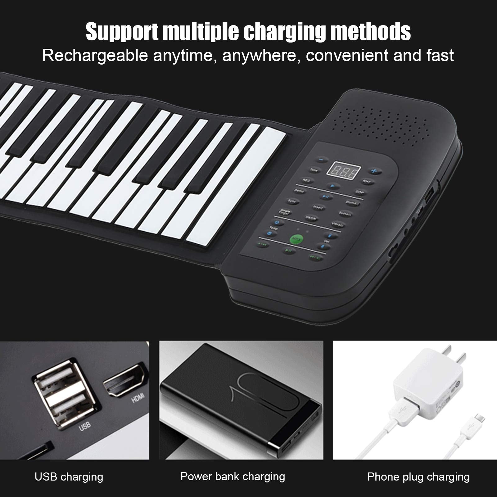 Teclado de Piano POCREATION Negro Flexible Roll Up 88 Teclas Portátil para Principiantes