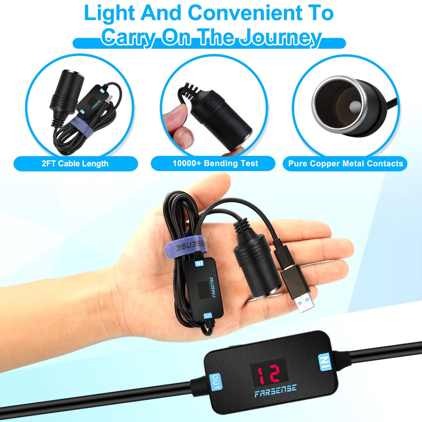 FARSENSE - Adaptador de encendedor de cigarrillos USB A a 12 V (36 W)-USB C macho a encendedor de cigarrillos hembra (2 pies) con voltaje de conmutación y voltaje de visualización, para cámara de