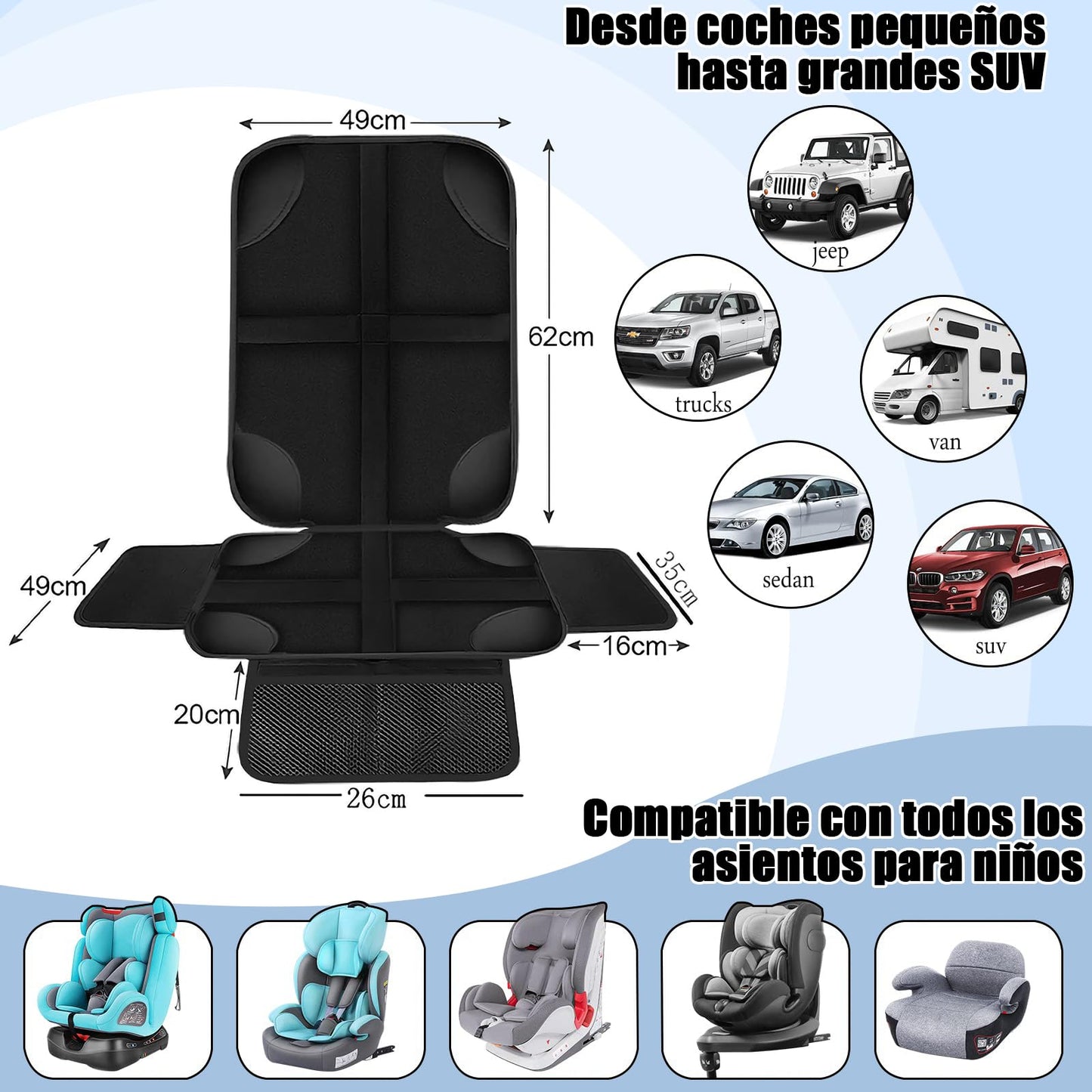 PZIOIU 2 Pieza Protector de Asiento de Coche, Protector de Seguridad de Asiento Infantil，con Dos Bolsas de Almacenamiento，Antiincrustante, fácil de Limpiar，Adecuado para automóviles, SUV, Camiones