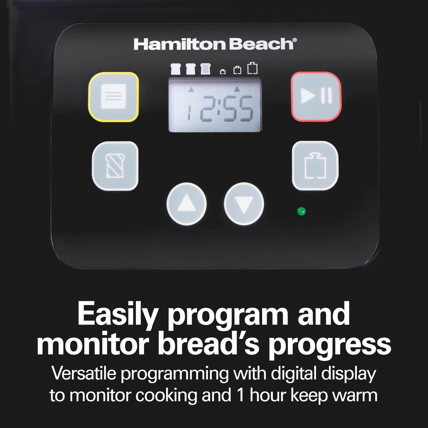 Hamilton Beach Máquina automática para hacer pan, digital, programable, 12 ajustes + sin gluten, sartén antiadherente sin PFAS + paleta de amasamiento, capacidad de 2 libras, color negro
