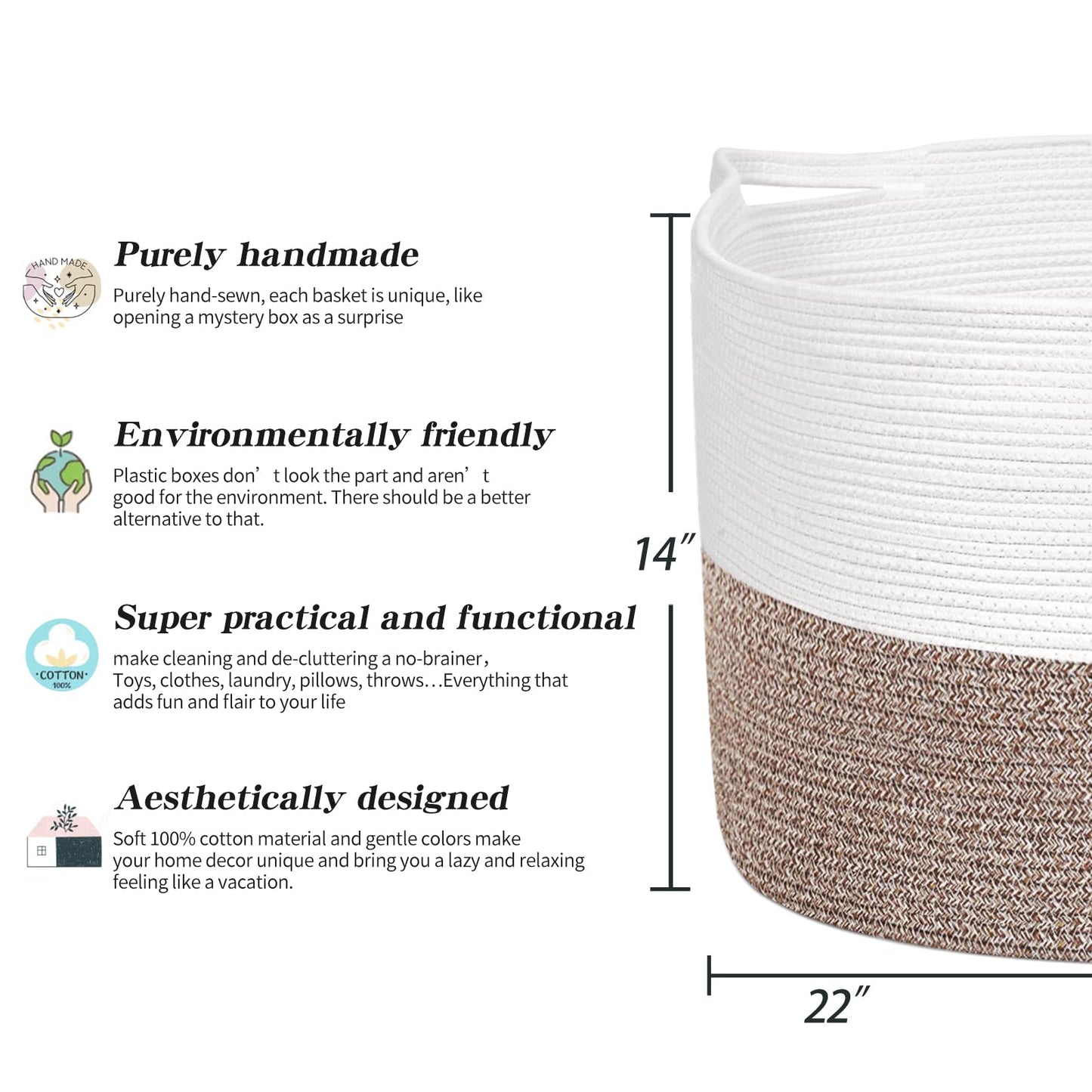 R RUNKA Cesta de cuerda de algodón extragrande de 22 x 14 pulgadas, cesta de juguetes para niños, cesta de manta para sala de estar, cestas tejidas para almacenamiento