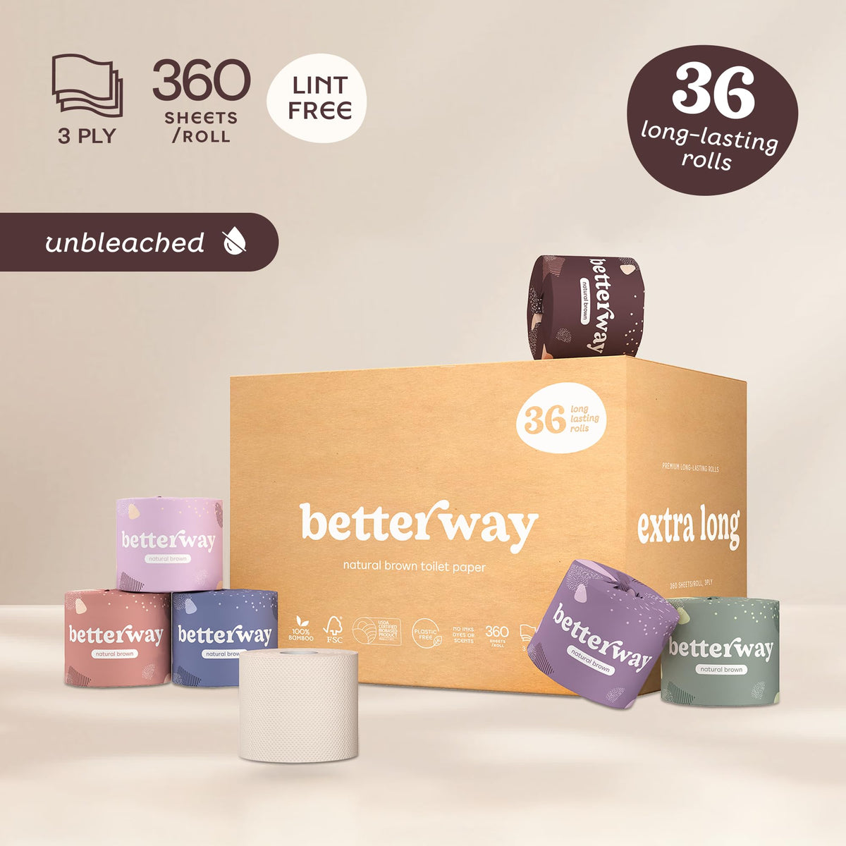 Papel Higiénico Betterway Bambú sin Blanquear Ecológico de 3 Capas 36 Rollos de Larga Duración