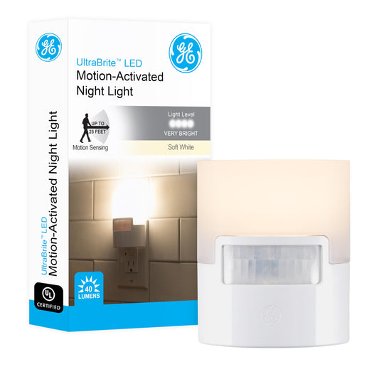 GE Enbrighten Luz De Noche Led Enchufable Con Sensor De Movimiento 1 Pieza 40 Lúmenes Blanco Suave Certificacion UL Ideal Para Dormitorio Guardería Baño Oficina Escaleras 12201
