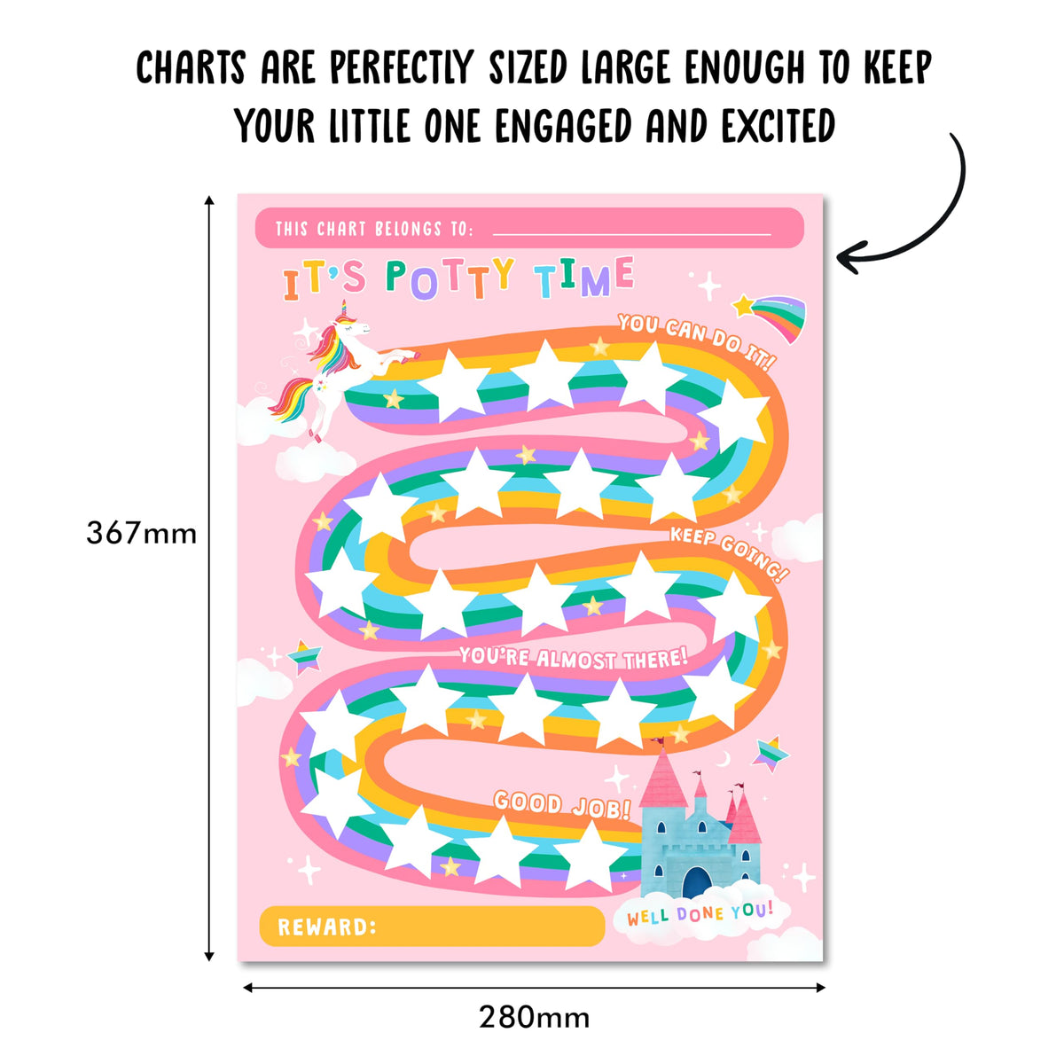 Tabla de recompensas para entrenamiento en el uso del potty para niños - Unicornios y castillos x 10 piezas - Tabla de entrenamiento en el uso del potty para niñas - Calendario de rutina - Tablero de