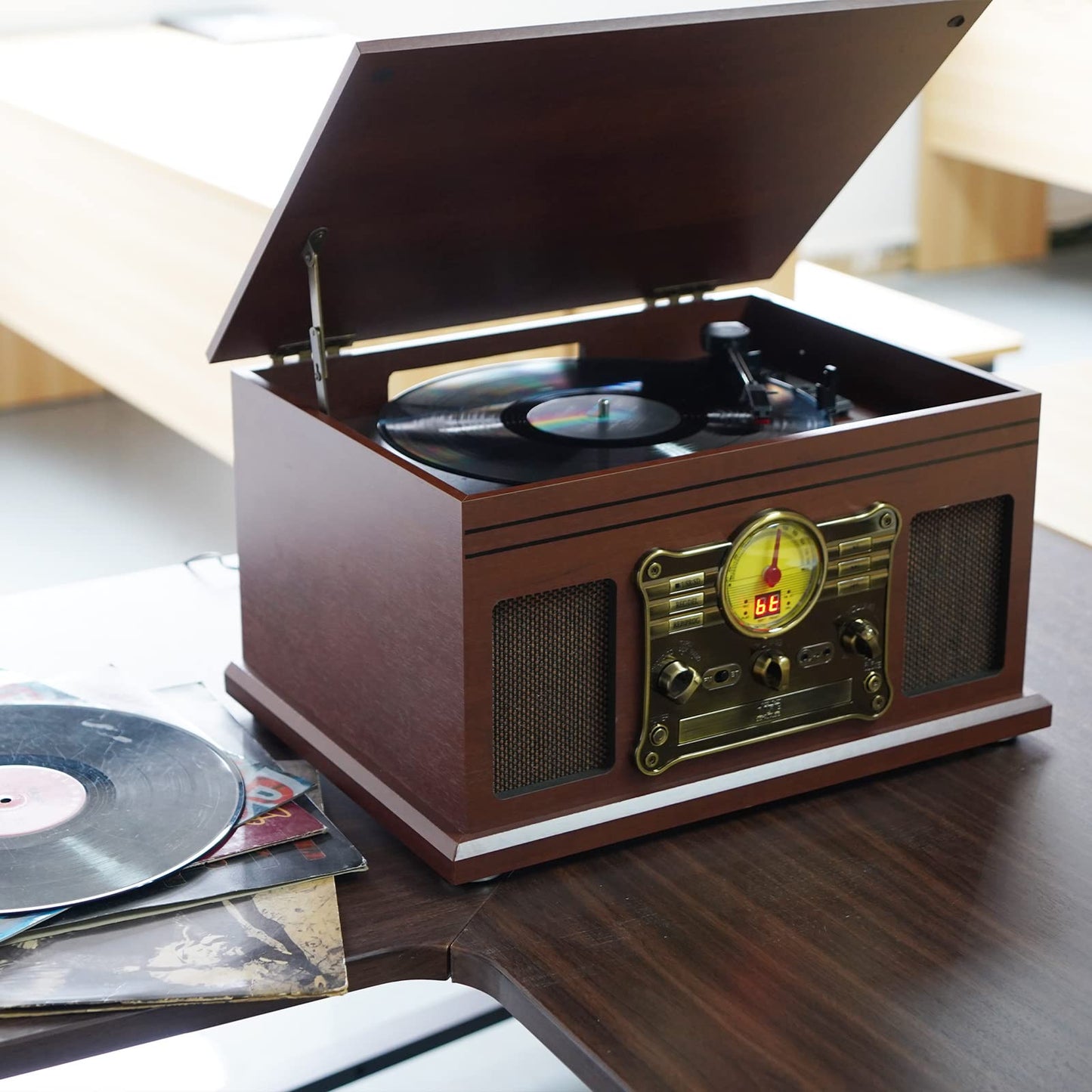Kedok Tocadiscos Bluetooth de Vinilo con Altavoces estéreo, Convertidor de Vinilo LP a MP3 con CD, Reproductor de Casete,Radio FM,Entrada Auxiliar y Tomas de Auriculares