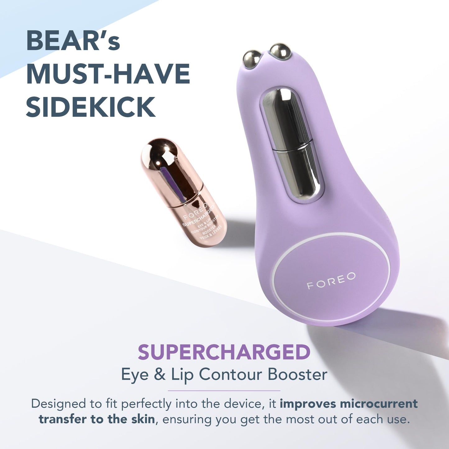 FOREO Set A Wink 'n' a Smile - BEAR 2 Eyes & Lips masajeador facial con radiofrecuencia - microcorrientes facial + 3x3,5 ml Sérum SUPERCHARGED Eye & Lip Contour Booster - Contorno de ojos - Lavander
