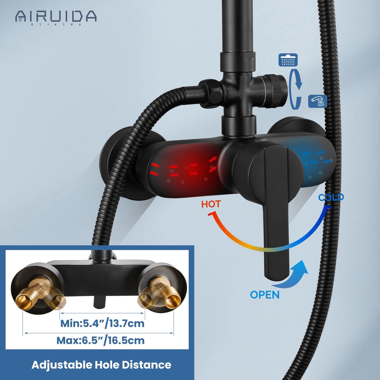 Sistema de Ducha Airuida Negro Mate con Alcachofa Moderna de Doble Función y Desviador de Cobre Sólido