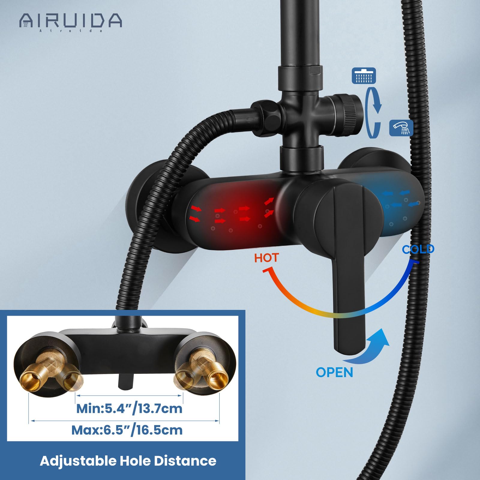 Sistema de Ducha Airuida Negro Mate con Alcachofa Moderna de Doble Función y Desviador de Cobre Sólido