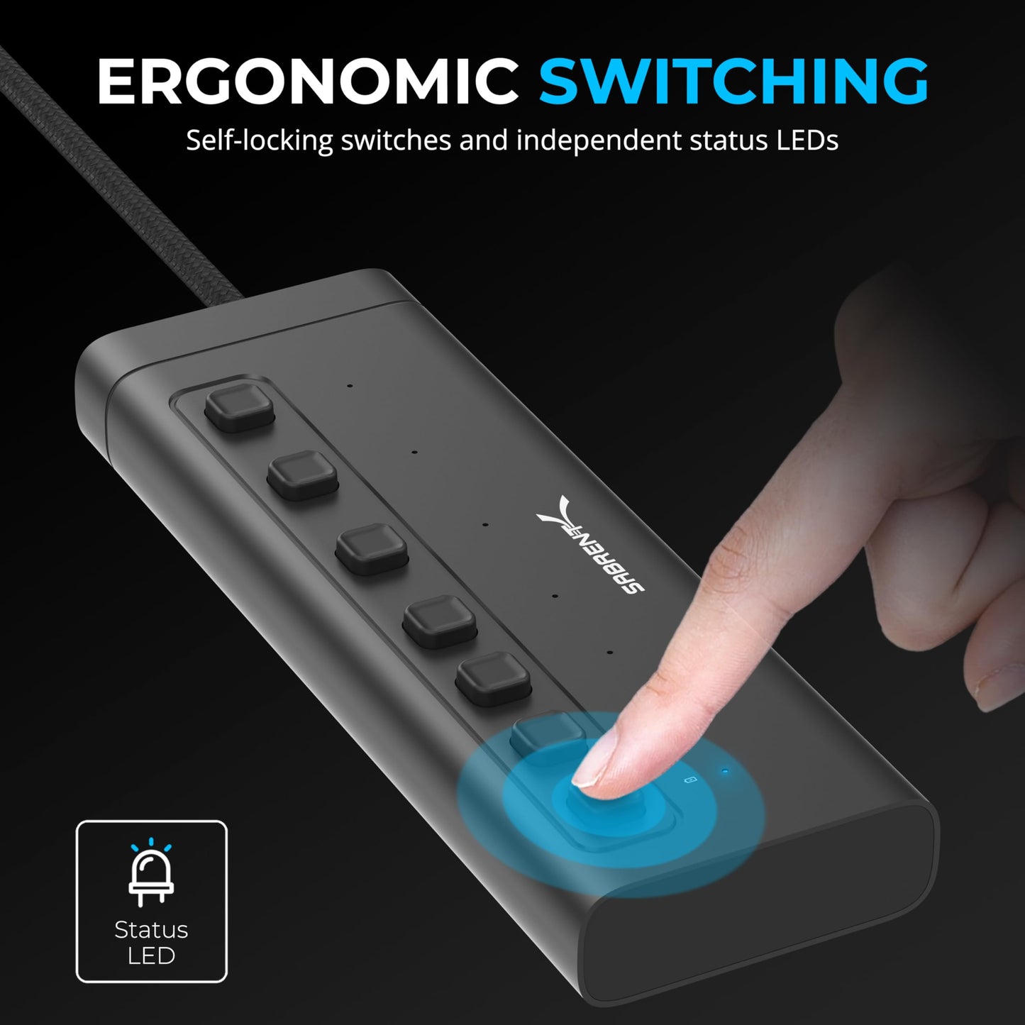 Concentrador USB-C SABRENT Negro de 7 Puertos con Interruptores de Alimentación y Carga Rápida