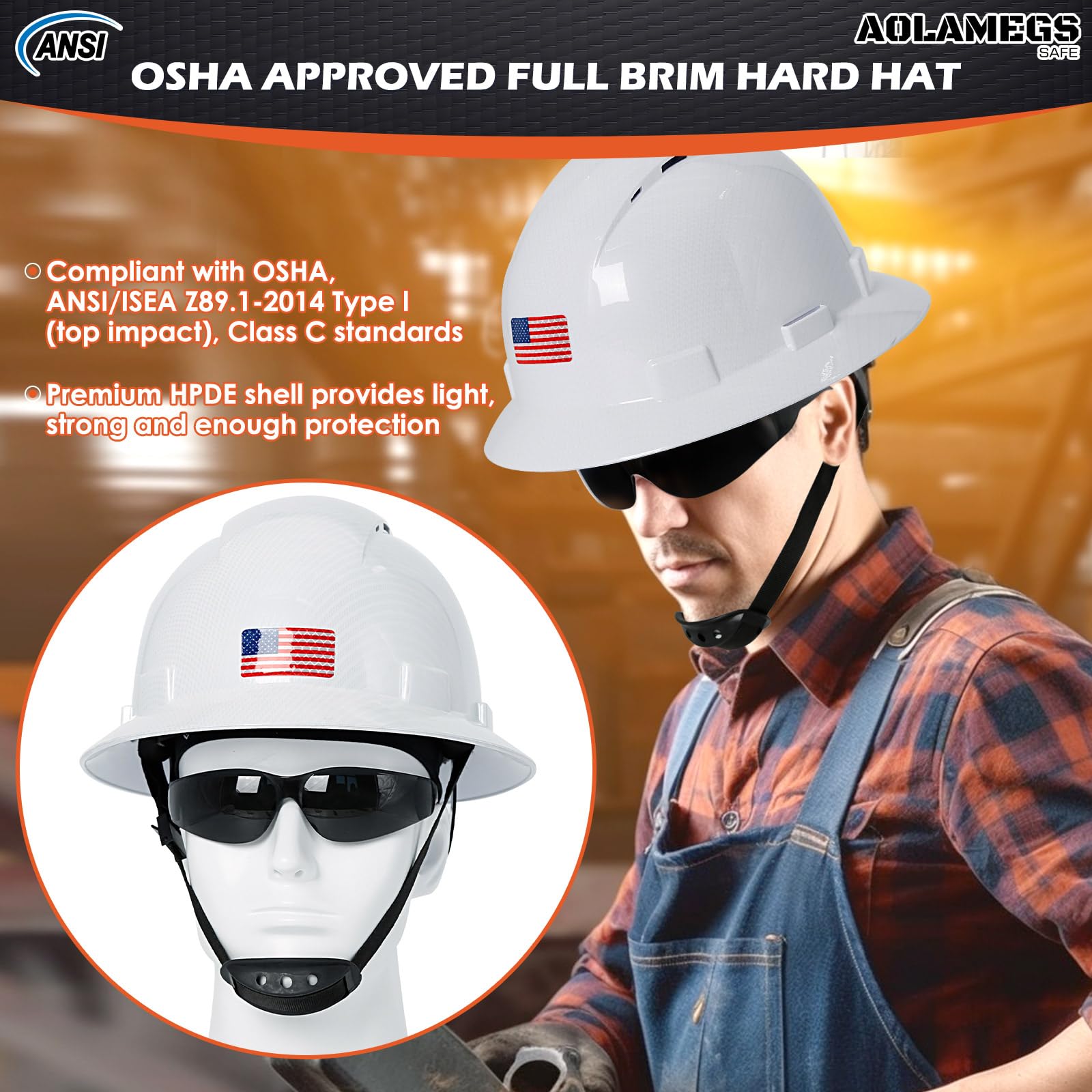 Casco de ala completa de fibra de carbono blanco brillante con gafas de seguridad y forro para hombres y mujeres, OSHA construcción, casco de seguridad con correa de barbilla y visera solar