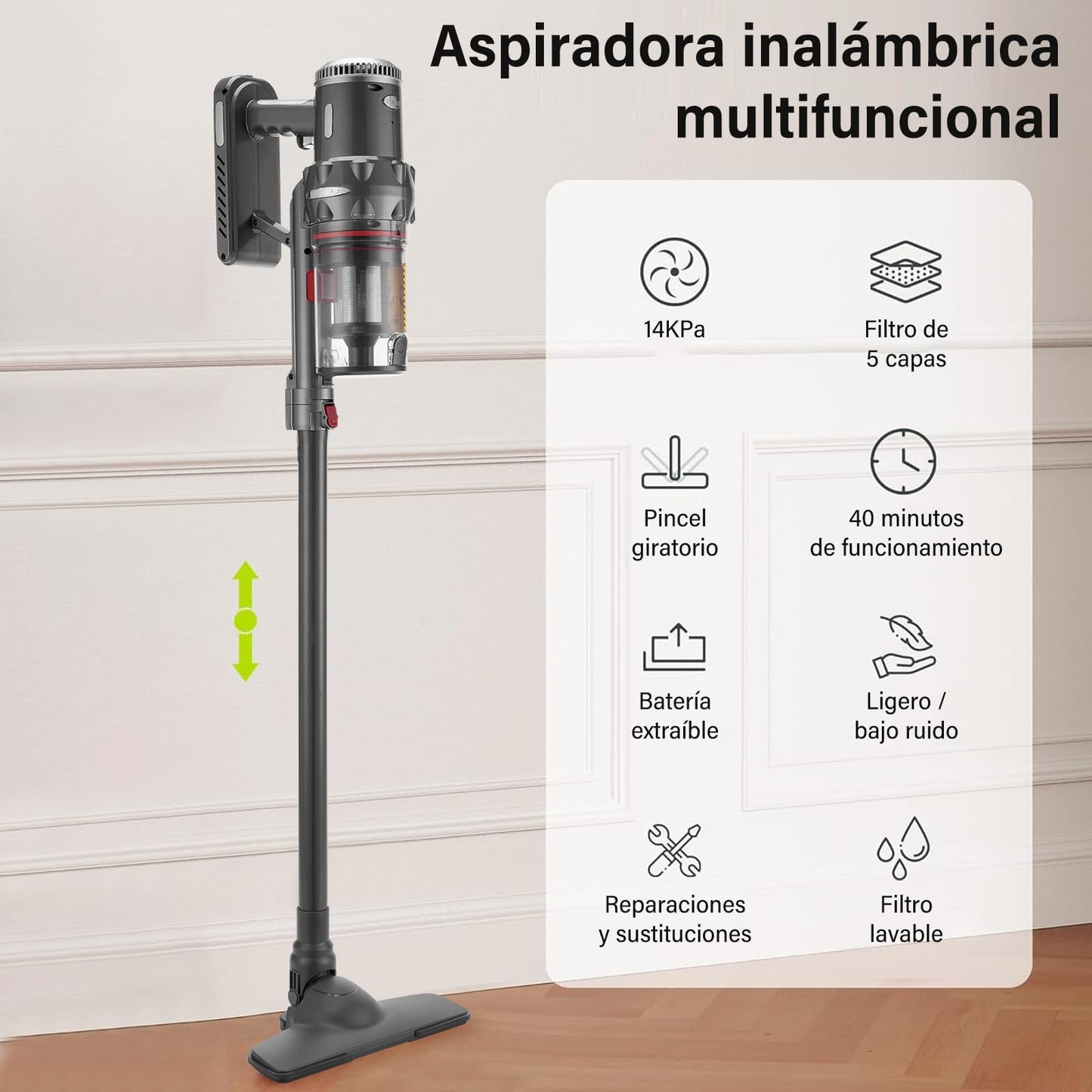 Aspiradora Inalámbrica, 16kPa Aspiradora de Mano con 4 Boquillas, Tiempo de Ejecución Duradero, 3 en 1 Aspiradora Vertical para Limpieza de Sofás, Alfombras, Pelos de Mascotas y Auto (Plata)