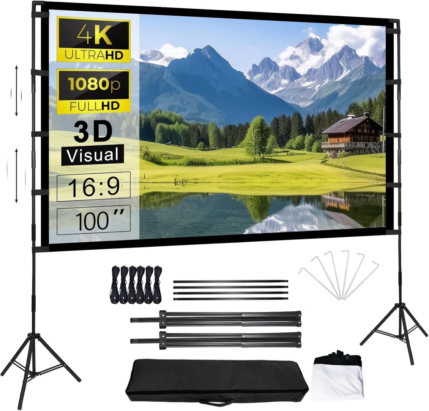 WEGOPAI Pantalla para Proyector de 100 Pulgadas, con Soporte Ajustable Pantalla de Proyección Portátil,16:9 4K HD Resistente a Las Arrugas Pantalla de Cine para La Noche de Cine y Fiesta