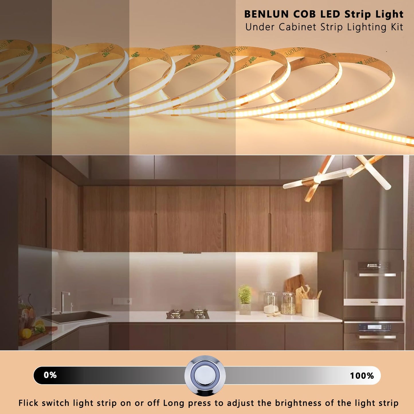 BENLUN 12V Tira LED COB Bajo Mueble Cocina Kit 10 Metri, Luz LED 3000K Blanco Cálido, Luces LED Adhesivas Recortable, con Dimmer y Fuente de Alimentación para Vitrina, Armario, Estanteria