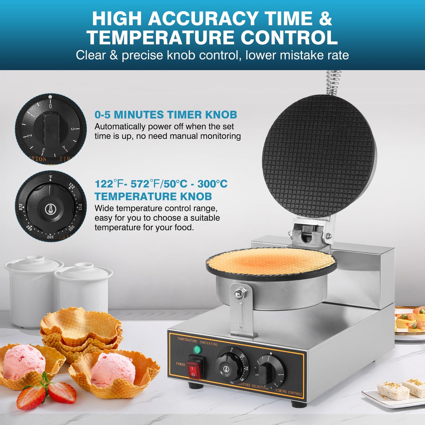 IRONWALLS - Máquina para hacer conos de gofres, de acero inoxidable de 110 V 1200 W con bandeja antiadherente para hornear de 8.3 pulgadas, control de temperatura y tiempo para restaurante