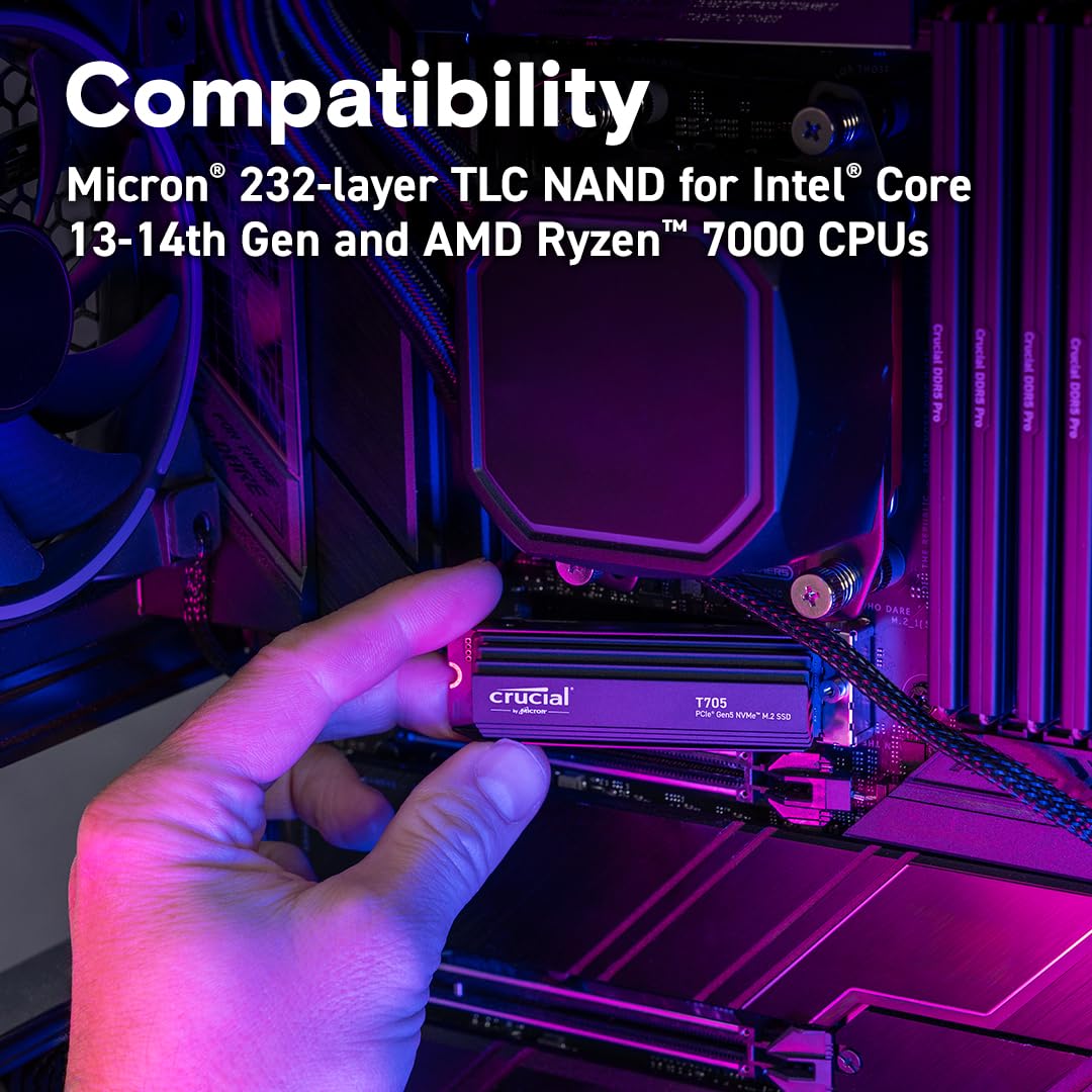 Crucial T705 1TB PCIe Gen5 NVMe M.2 SSD con disipador térmico - hasta 13.600 MB/s - Listo para Juegos - Unidad Interna de Estado sólido (PC) - +1mo Adobe CC - CT1000T705SSD5