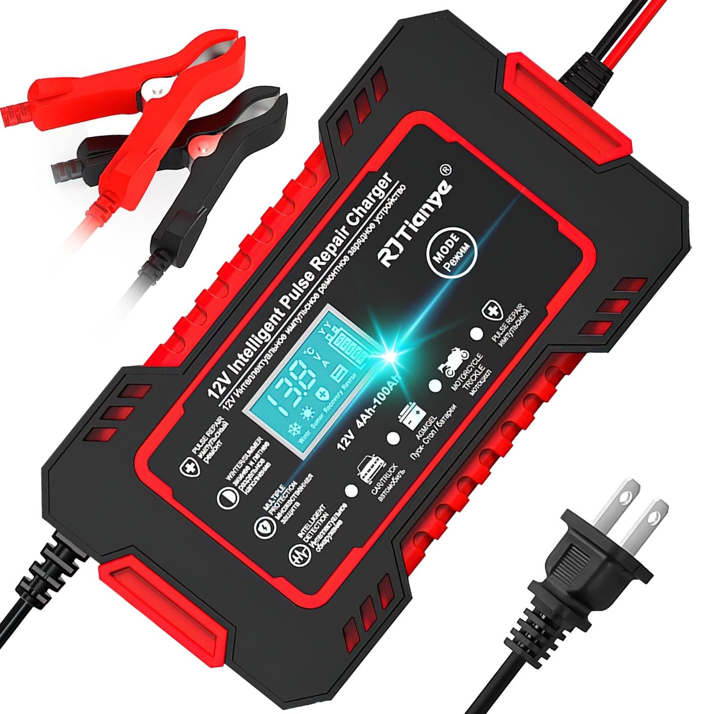 Cargador de Bateria de Auto, con LCD Pantalla 12V 6A , Arrancador de Bateria Ajuste de Corriente Inteligente para Cargar y Proteger, cargar baterías GEL, AGM, WET, Aplica a Auto, Excavadoras