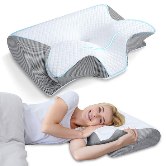 HOMCA Almohada Cervical de Espuma con Memoria, 2 en 1 Almohada Ortopédica de Contorno Ergonómico para el Dolor de Cuello, Almohadas de Soporte Contorneadas para Dormidores de Lado Espalda Estómago