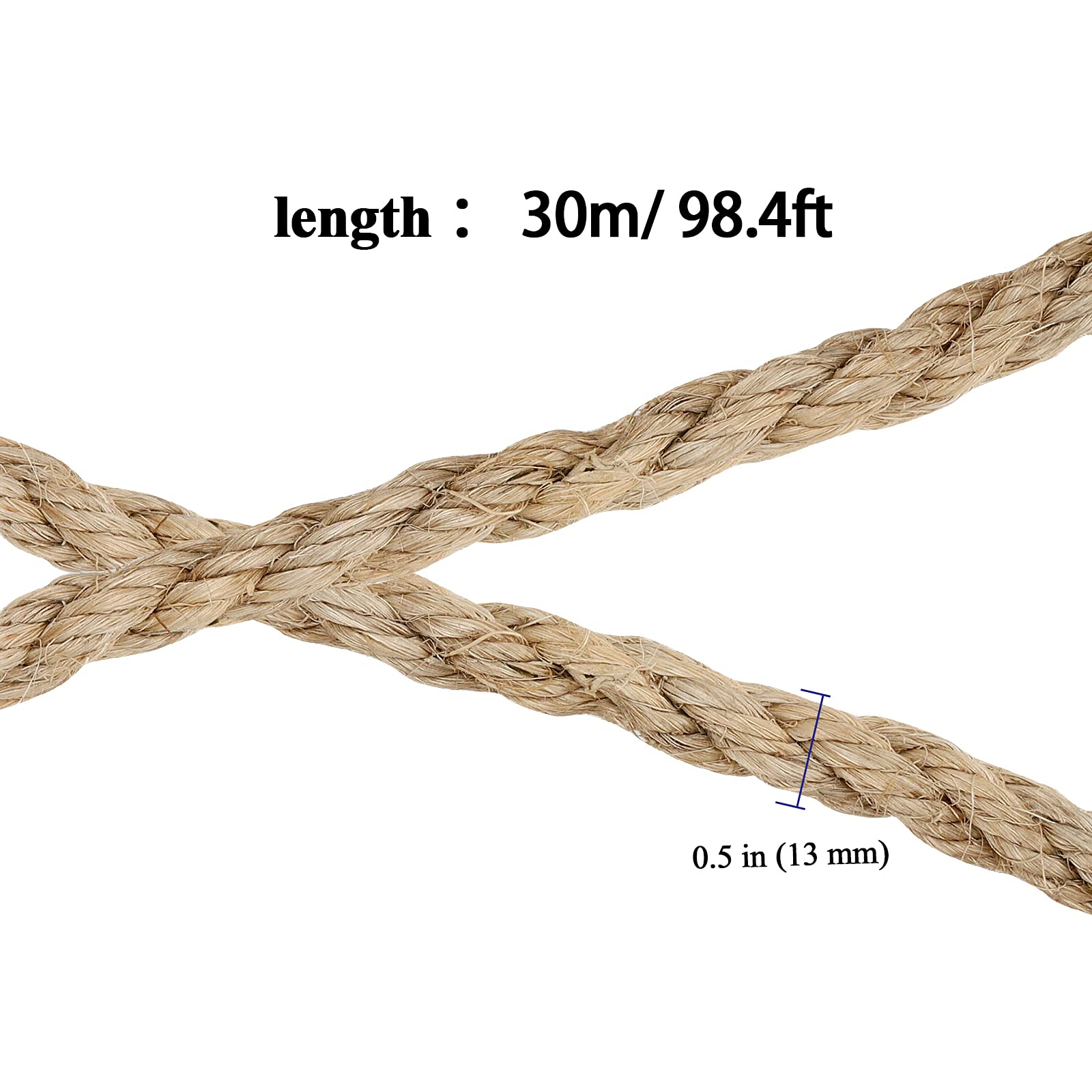 MAAIGU Cuerda de sisal de 1/2 pulgada, cuerda de sisal trenzado de 100 pies para reparación, recuperación de poste rascador de gato, agrupamiento, decoración, colgar en la pared, amarre