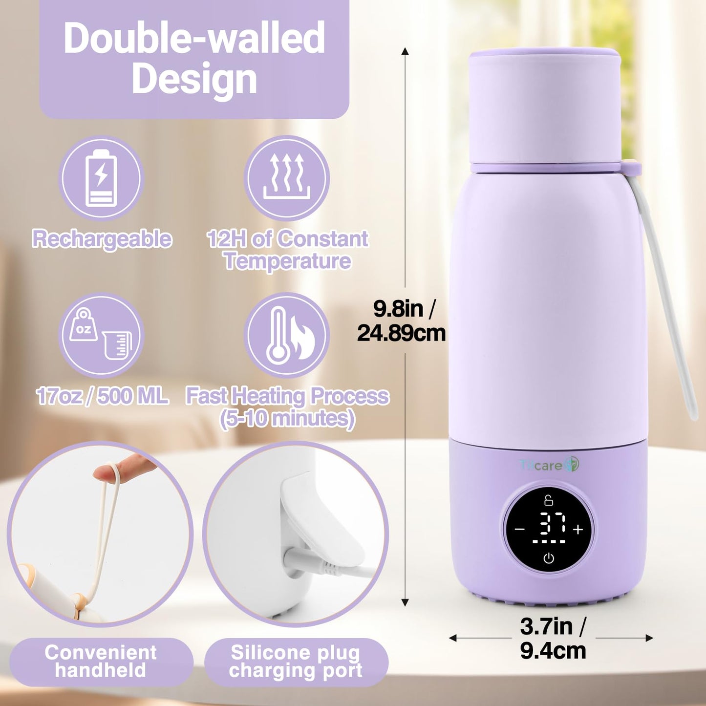 Tilcare Calentador De Biberones Portátil Para Viajes: 17 Oz, 12 H, Calentador De Leche Materna De Calentamiento Rápido, Calentador De Biberones Usb Para Llevar, Calentador De Agua Inalámbrico Para Coc