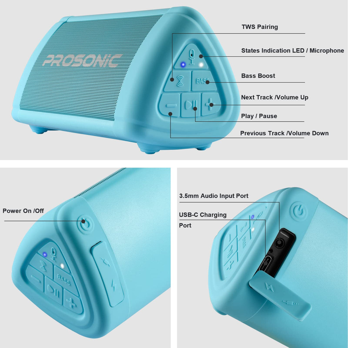 Altavoz Bluetooth Prosonic BT3 Azul Portátil con Sonido Estéreo de 10W y Refuerzo de Graves