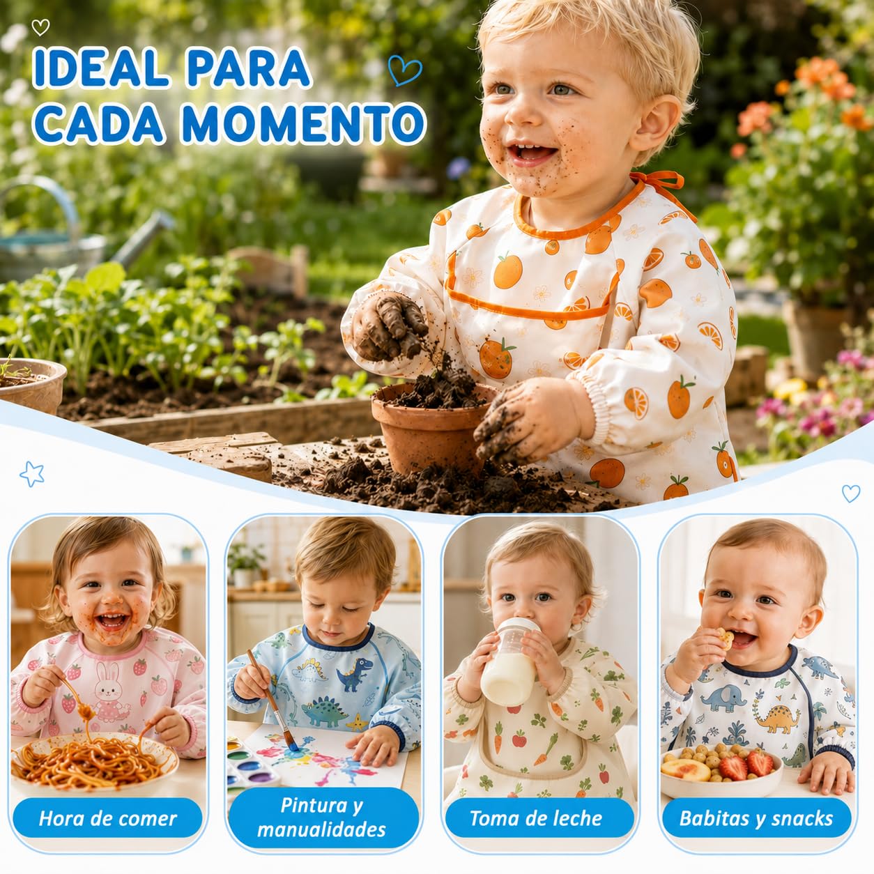 5PCS Baberos Para Bebe Unisex Niños, Baberos para bebe impermeable con Manga Larga, Suave Para La Piel, Transpirable Y Lavable A Máquina, para Niños De 6 Meses A 6 Años, Ideal Para Comer Y Dibujar