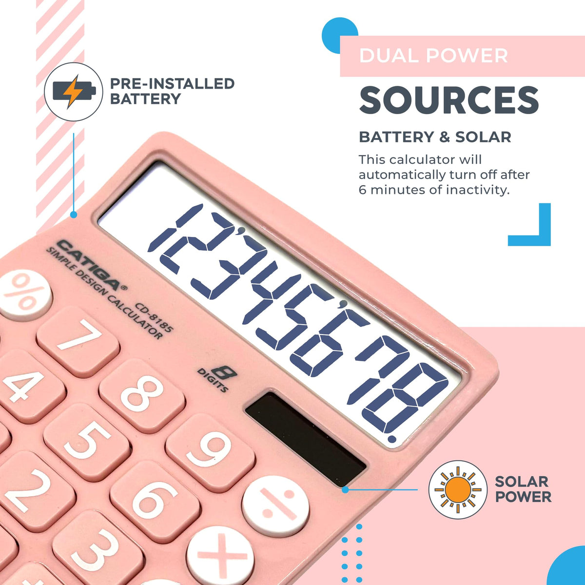 Calculadora CATIGA Solar LCD Blanco Botones Grandes básica de 8 Dígitos para Hogar, Oficina y Escuela
