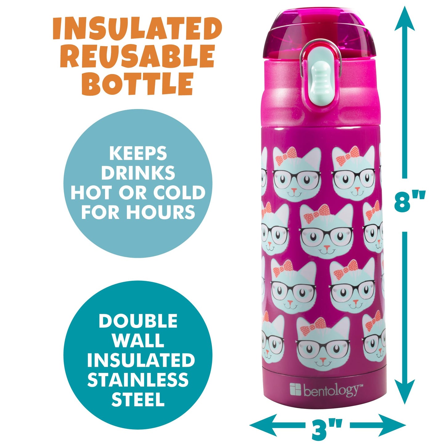 Bentology - Botella de agua aislada de acero inoxidable para niñas, 384 ml, fácil de usar, reutilizable, a prueba de derrames, sin BPA, mantiene el frío por horas, a prueba de fugas, diseño de gatitos