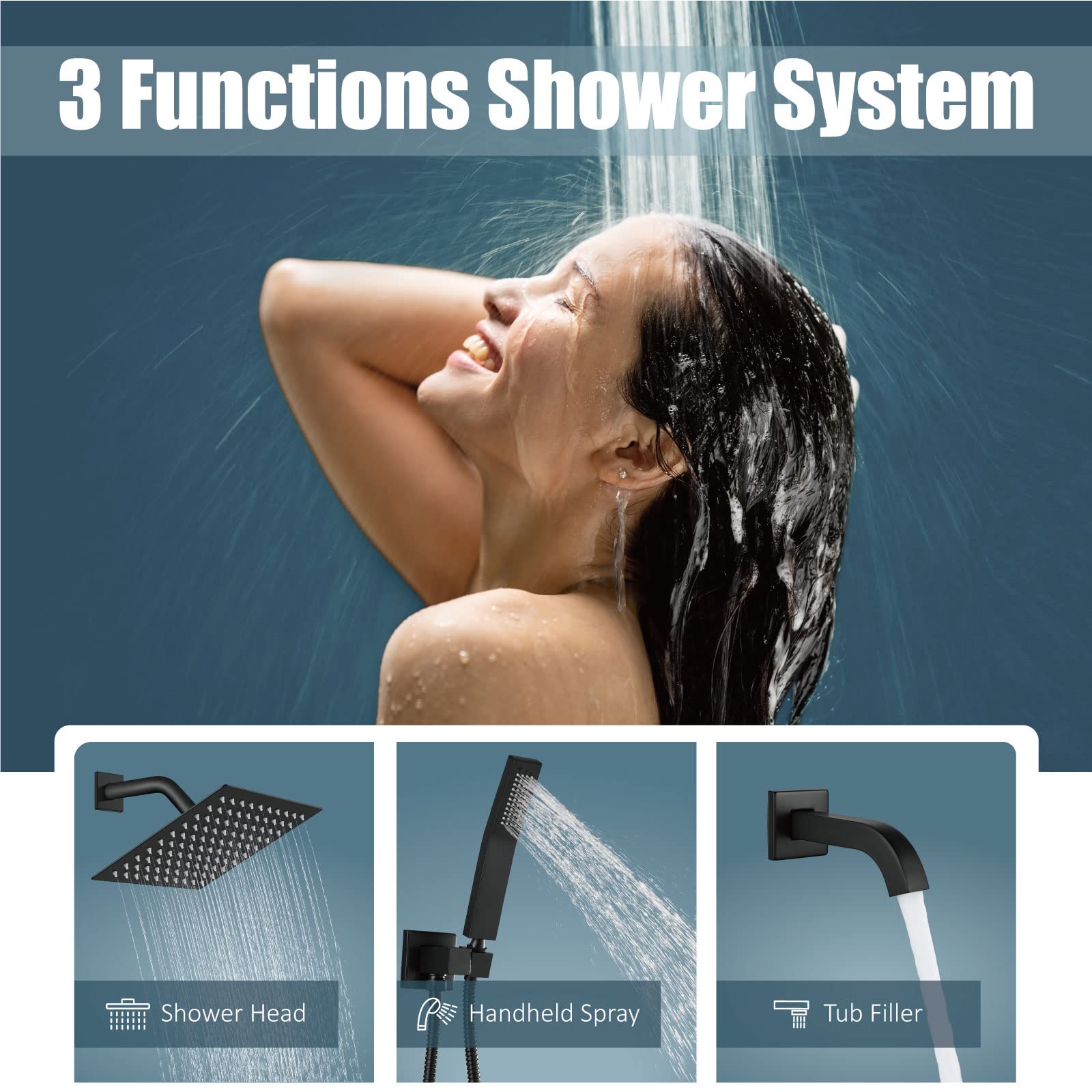 Aolemi Sistema de ducha de lluvia de 8 pulgadas, color negro mate, juego combinado con cabezal de ducha con relleno de tina, ducha de mano de lujo, válvula empotrada incluida, montaje en pared, llave mezclador de ducha