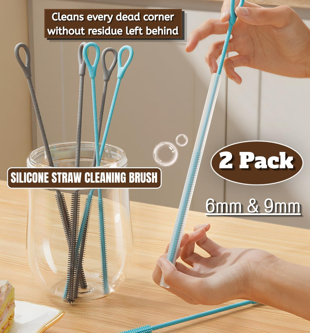 Bebolizerch - Juego de 2 cepillos de limpieza de pajitas de silicona, reutilizables y flexibles para limpiar popotes de metal finos, herramienta de limpieza de pajitas de 6 mm y 9 mm con bucle para