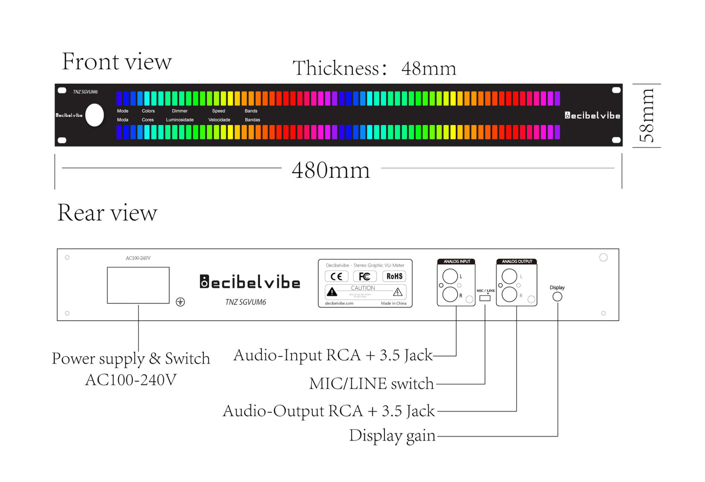 Decibelvibe TNZ SGVUM6 - Medidor de Audio gráfico VU con Entrada y Salida Auxiliar RCA/3.5, Entrada inalámbrica a través de un micrófono Integrado, con 19 Colores para el hogar, Profesionales (Plata)