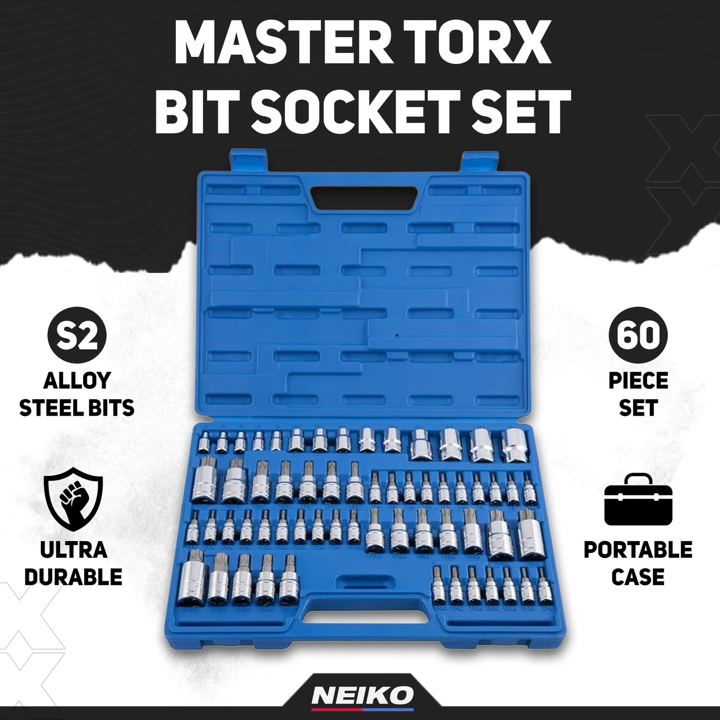 Neiko 10083A Juego de Cubos de Combinación de Puntas Torx y Acople E, 60 piezas