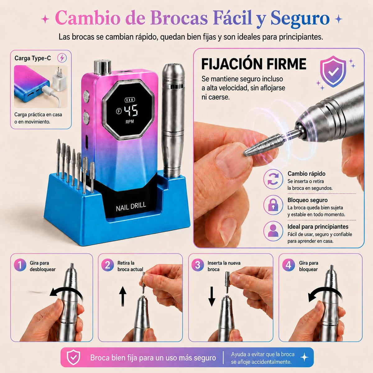 Esmerl para Uñas Eléctrica,Drill para Uñas Profesional 45000 rpm de Velocidad Ajustable con base de soporte,6 Drill Multifunción,Drill para Uñas Profesional de bajo ruido para uso doméstico y salón.