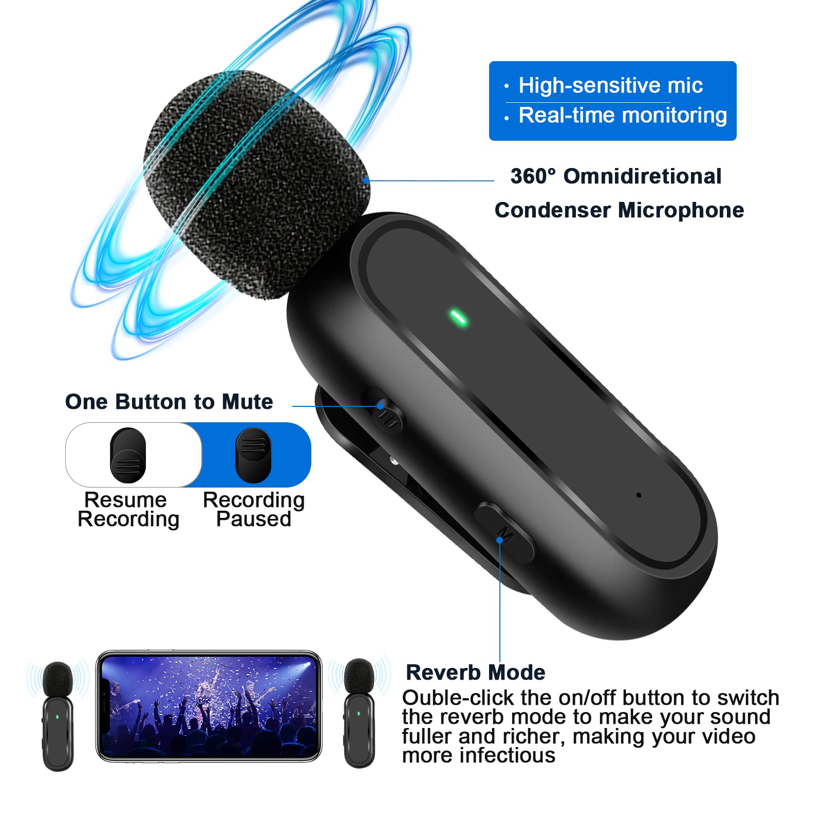 Micrófonos inalámbricos Lavalier JUSTFX Bluetooth reducción de ruido larga duración para iPhone/iPad