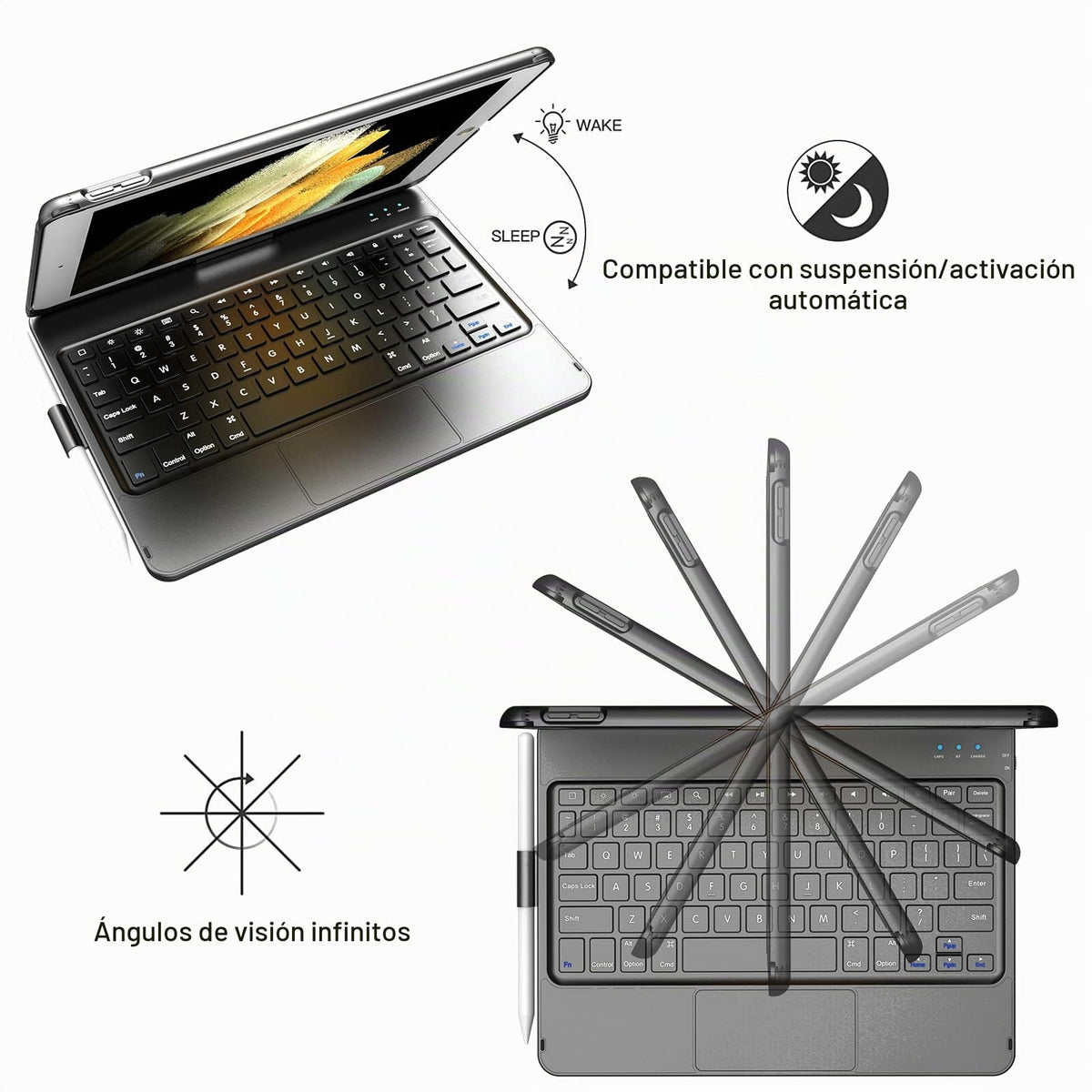 Funda con Teclado para iPad ZtotopCase Negro Giratoria 360° con Soporte para Lápiz