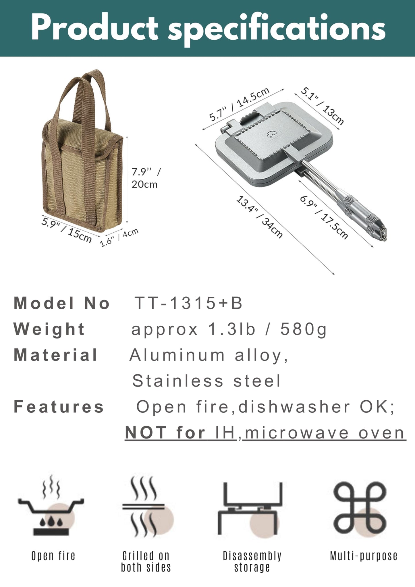 Camping Moon Sandwichera de arena caliente de un solo quemador de gas, fuego abierto, aluminio compacto TT-1315 (plata con bolsa)