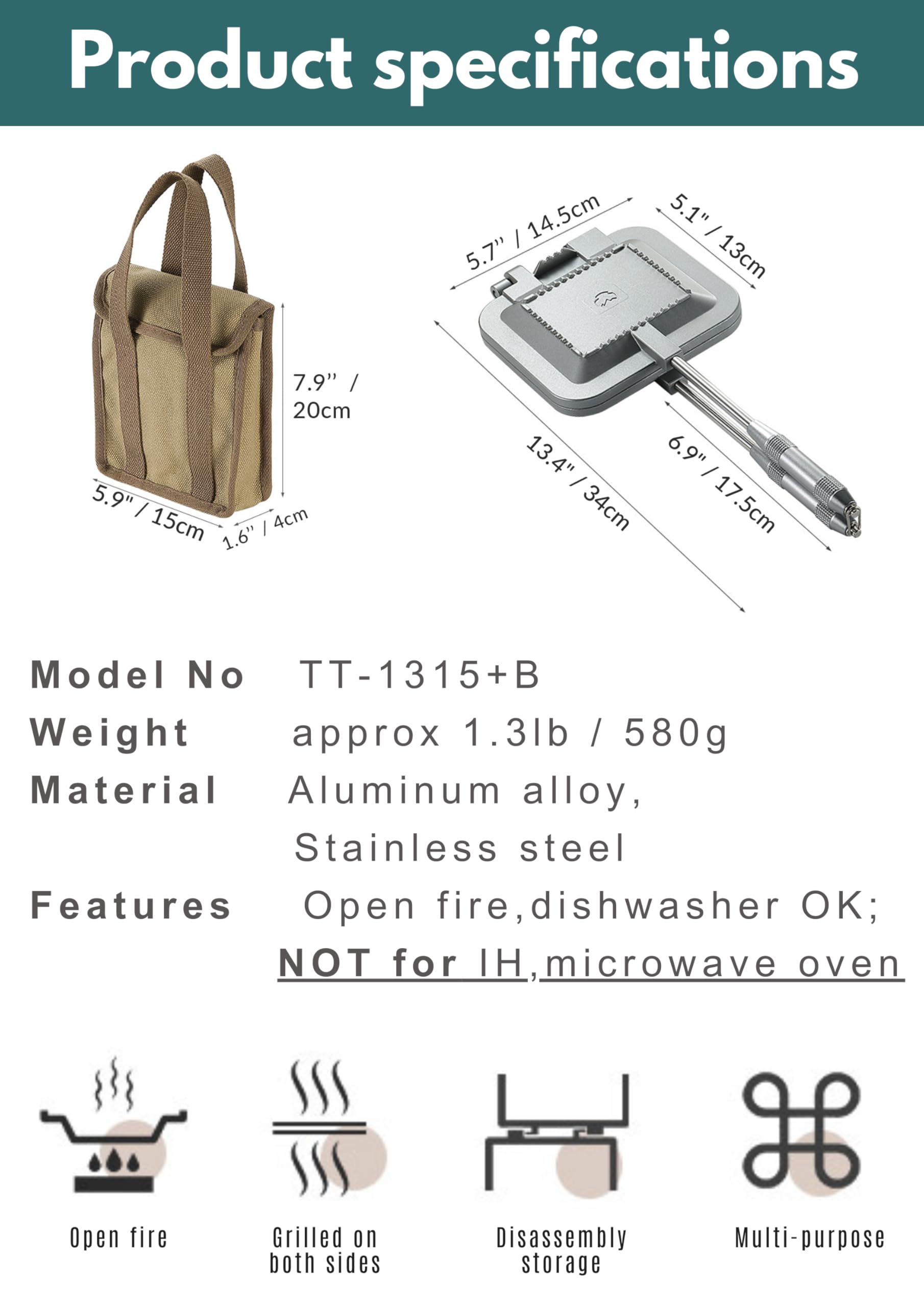 Camping Moon Sandwichera de arena caliente de un solo quemador de gas, fuego abierto, aluminio compacto TT-1315 (plata con bolsa)