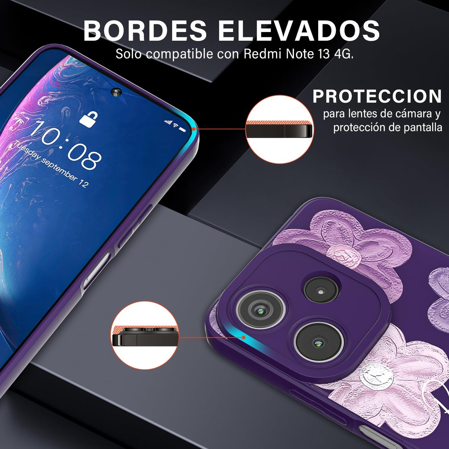 Threehao Funda para Xiaomi Redmi Note 13 4G Case Uso Rudo, Ultra Delgado Flexible Morada Suave TPU Silicona Carcasa con Moda Aesthetic Dibujos Flores, Antigolpes Anti-arañazos Protectora