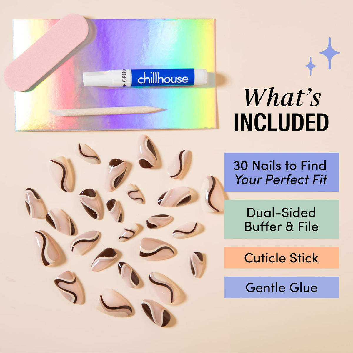 Chillhouse - Kit de Uñas Chill Tips Press on - Gone Riding (Almendra) - 30 Formas y Tamaños de Uñas - Hasta 2 Semanas de Uso - Ajuste Personalizable - Reutilizable - Fundado por Latinas y Propiedad