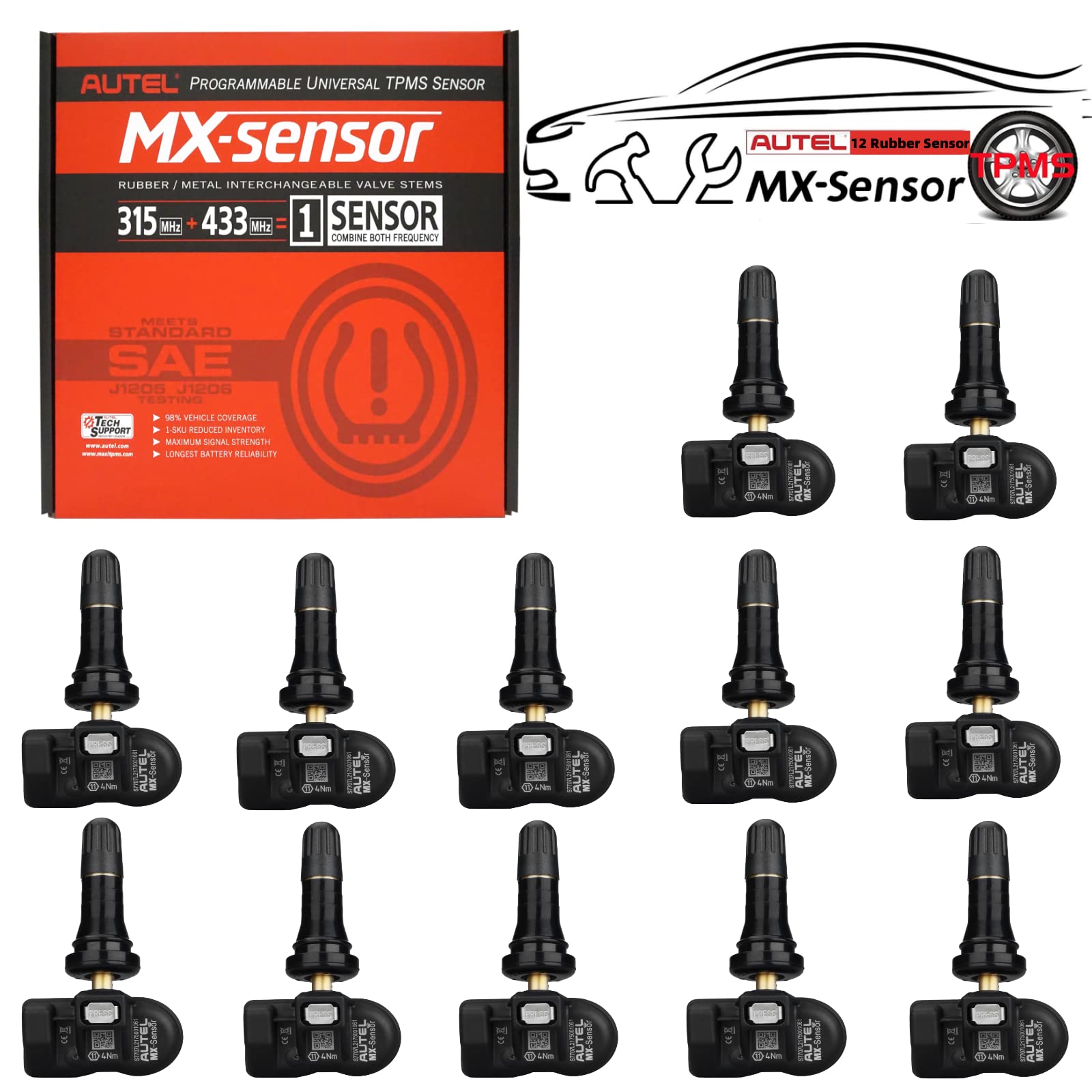Autel MaxiTPMS MX - Sensor 12 unidades de tallo de goma 315/433MHz TPMS Sensor universal de neumáticos programado por TPMS Tool TS401 TS408 TS508 TS601 TS608 MK808TS MX808TS MS906TS ITS600