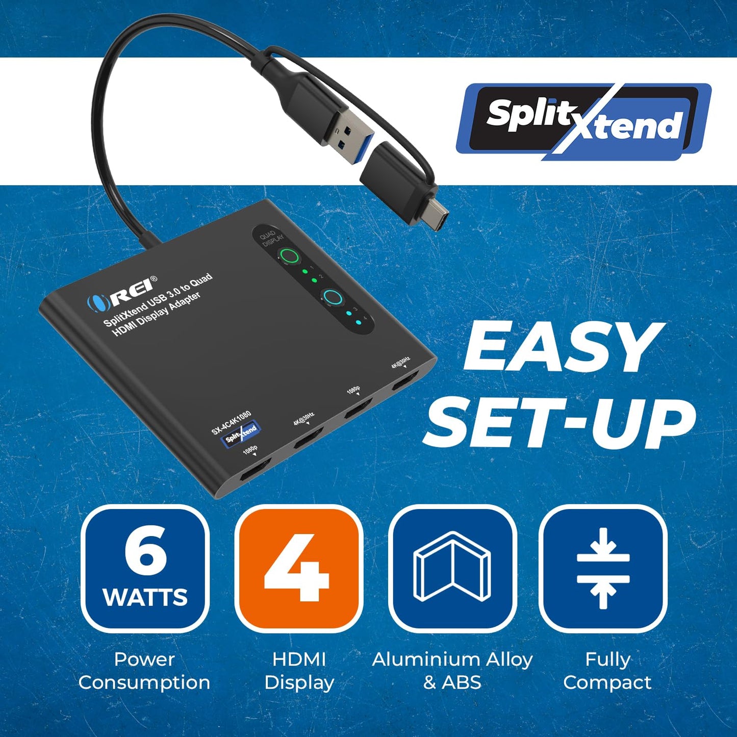 Adaptador USB-C a HDMI 2.0 OREI Negro con Visualización Extendida para Monitor Cuádruple, Salidas 4K@30Hz, para Multimonitor 5 Pantallas Separadas
