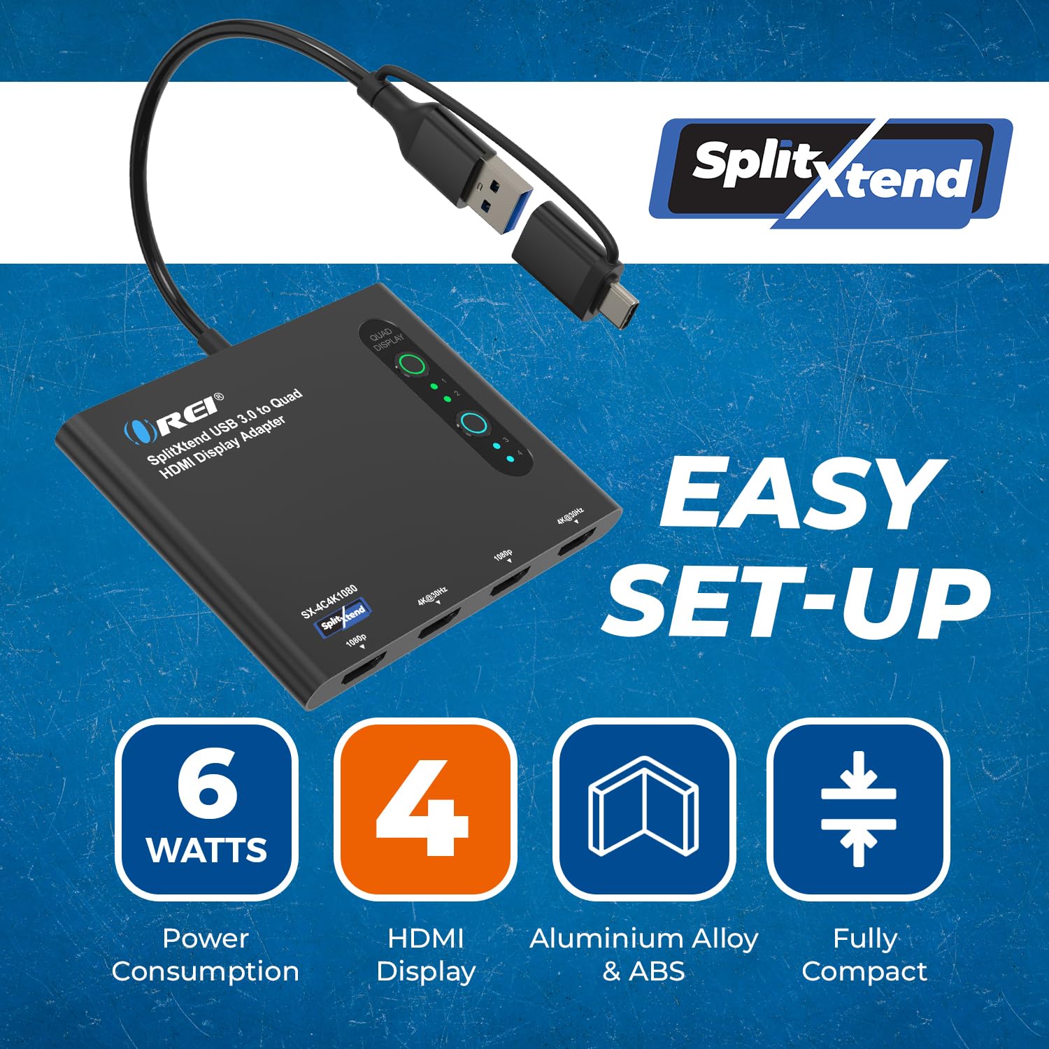 Adaptador USB-C a HDMI 2.0 OREI Negro con Visualización Extendida para Monitor Cuádruple, Salidas 4K@30Hz, para Multimonitor 5 Pantallas Separadas