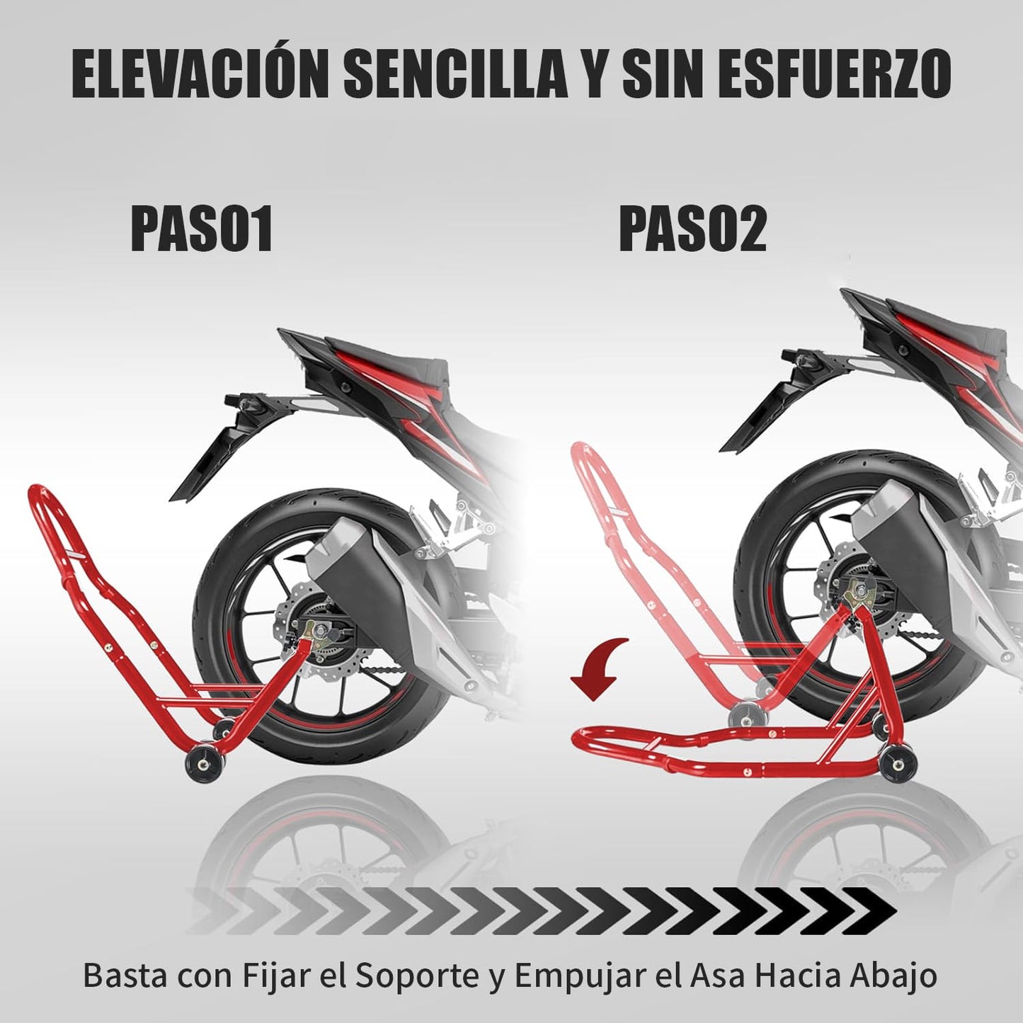 BOBOJIIIER Soporte Trasero para Motocicleta, Soporte de Elevación de Rueda Trasera, Moto Gato, Soporta Hasta 450 KG con Ruedas, Rojo, L