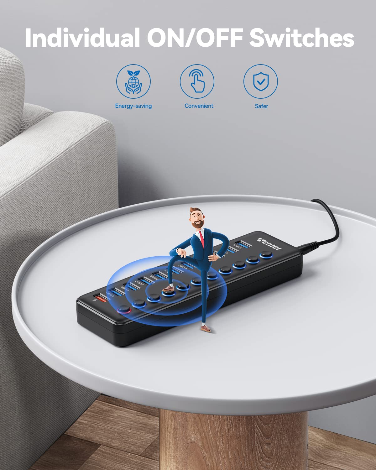 Concentrador USB Wenter Alimentación LED 11 Puertos Transferencia Rápida y Carga Inteligente