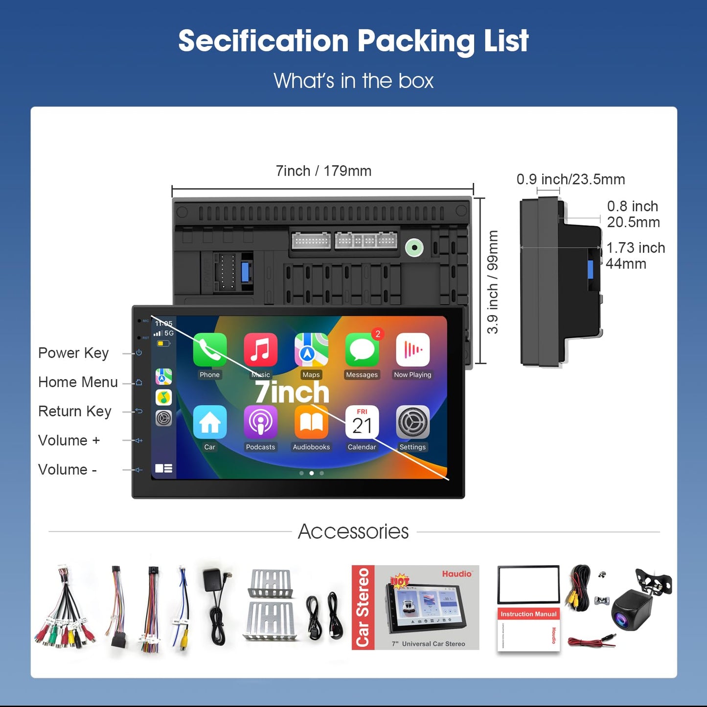 Haudio CarPlay - visualización inalámbrica para Coche y Android Auto Head Unit - visualización táctil de 7 Pulgadas Doble DIN estéreo (2+64GB)