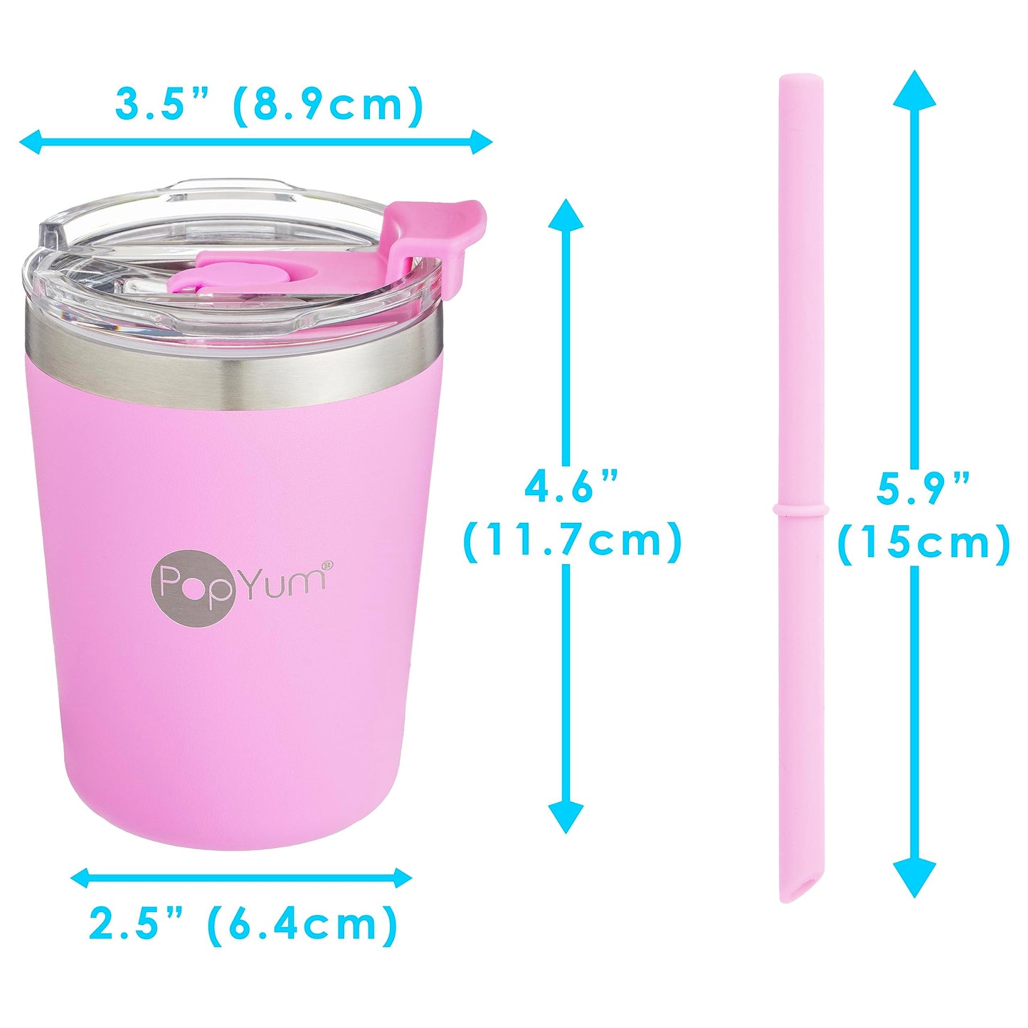 PopYum Vasos Térmicos de Acero Inoxidable de 9 onzas con tapa y popote, Paquete de 2, anti derrame, apilables, para bebés y niños pequeños, de triple pared y sin BPA. Rosa y Azul.
